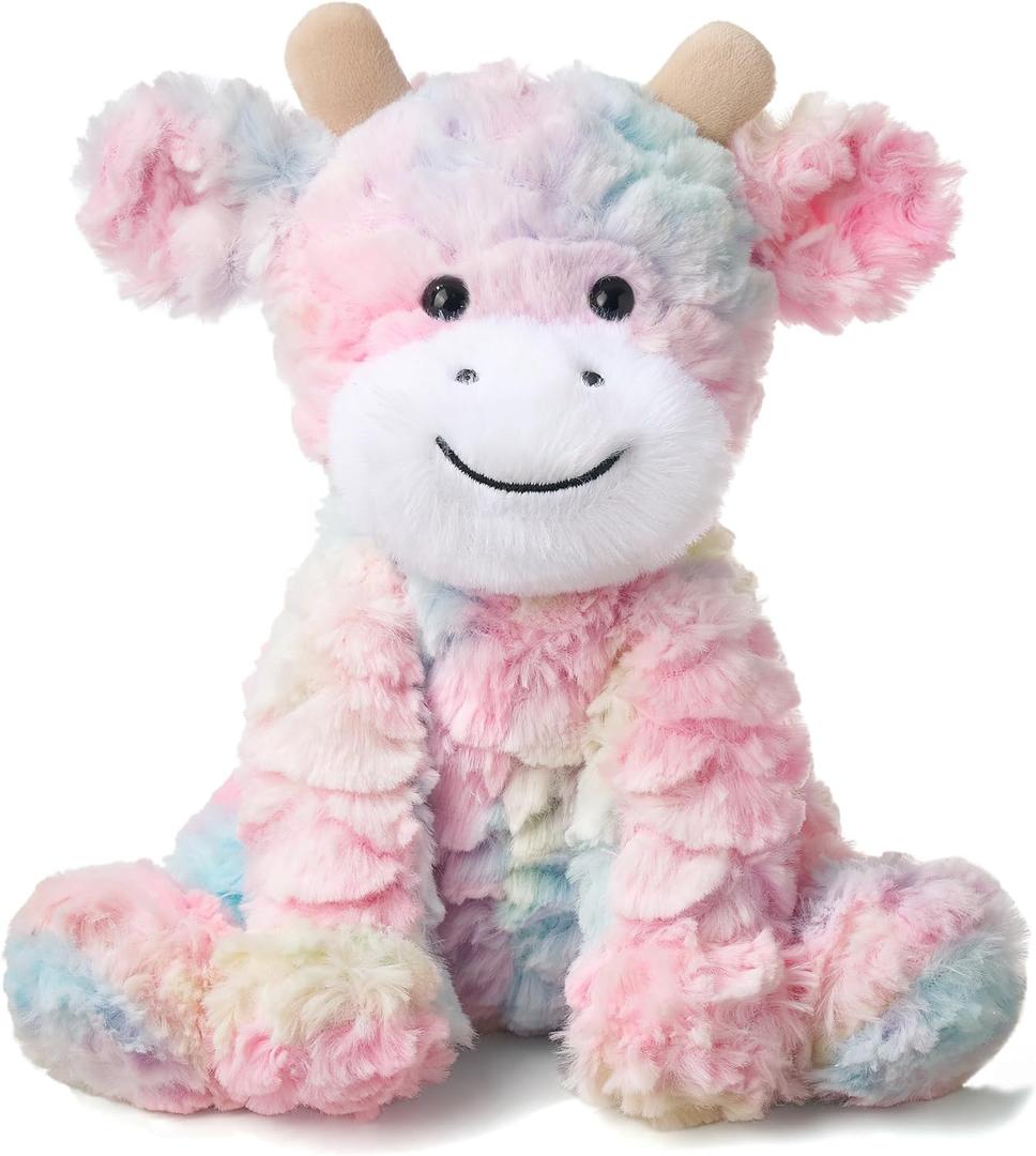Hopearl Adorable Plush Cow Toy Colorful Floppy Dairy Cattle Soft Stuffed Animal Cute Birthday Gifts for Boys Girls Kids Toddlers, Rainbow, 9'' (Multicolored)