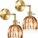 2 Pcs Vintage Wall Sconce with Tulip Glass Shade 180 Degree Adjustable Hanging Brass Sconces Hardwired Modern Lamp Fixtures Decor for Bedside Indoor Doorway Including Light Bulb (Amber)