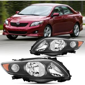 2PCS Headlights Assembly Set For 2009 2010 Toyota Corolla CE/XLE/LE/Base Replacement Bumperlight Headlamps Driver and Passenger Side Black Housing Amber Reflector Clear Lens TO2503183 TO2502182