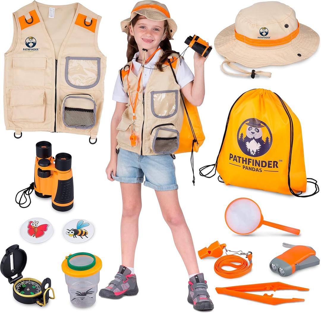 Kids Explorer Kit with Safari Vest & Hat for 3-12 Year Old Boys & Girls - Safari Costume Kids, Zoo Keeper, Paleontologist, Bug Kit & More - Giftable STEM Outdoor Explorer Kit for Kids + Bug Ebook (7+, Orange)