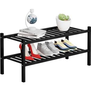 2 Tier Bamboo Shoe Rack Storage Organizer for Closet, Multifunctional Stackable Free Standing Shoe Shelf Organizer for Small Space,Entryway,Hallway,Bathroom 27"x11"x13" (Black, 2 Tier)