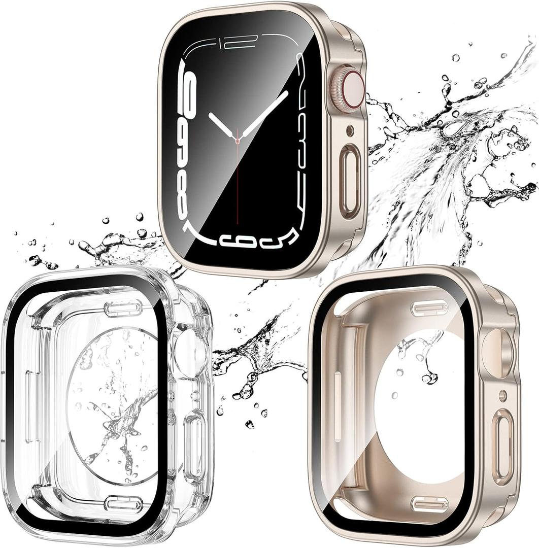 2 Pack 2 in 1 Waterproof Case for Apple, Straight Edge PC Front & Back Bumper with Tempered Glass Screen Protector 360 Protective Cover, Size: 40mm(SE3/SE2/SE/6/5/4), Starlight/Clear