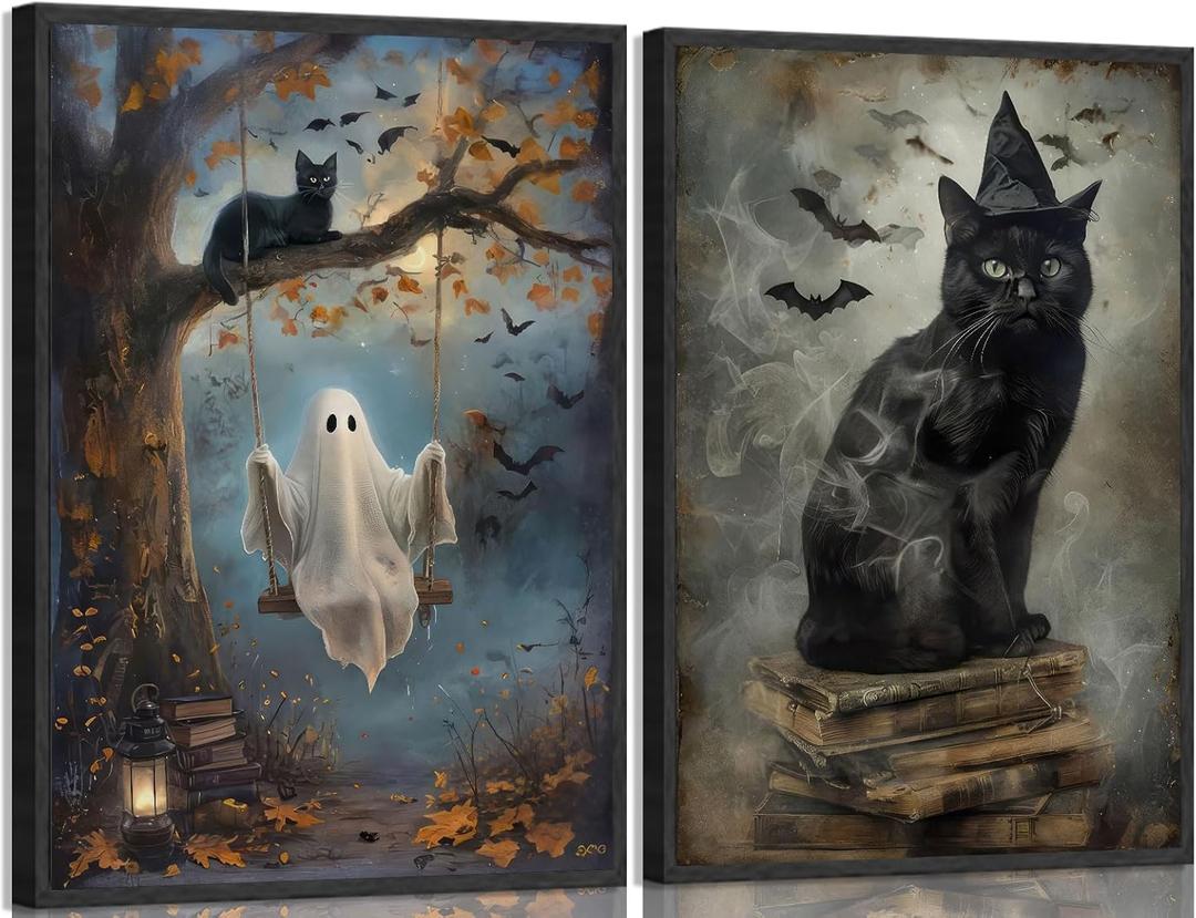 2Pcs Vintage Halloween Wall Art Black Cat Ghost Wall Decor Painting Picture Autumn Ghost Posters Prints Dark Academy Artwork for Living Room Bedroom Bathroom Decoration 16x24in Unframed