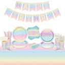 Pastel Rainbow Birthday Party Supplies, Includes Happy Birthday Banner, Tablecloth, Plates, Napkins, Cups, Knives, Forks, Spoons, Straws for Girls Birthday Party Decorations, Serves 20 Guests