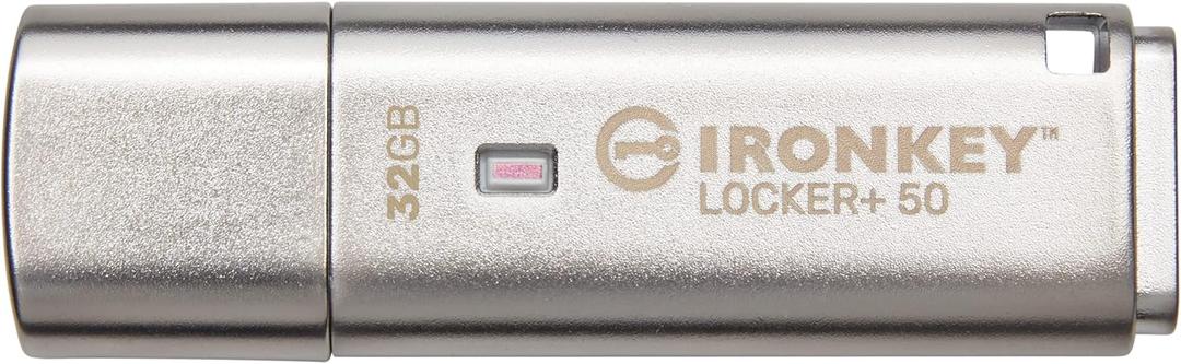 Kingston Ironkey Locker+ 50 32GB Encrypted USB Flash Drive | USB 3.2 Gen 1 | XTS-AES Protection | Multi-Password Security Options | Automatic Cloud Backup | Metal Casing | IKLP50/32GB,Silver