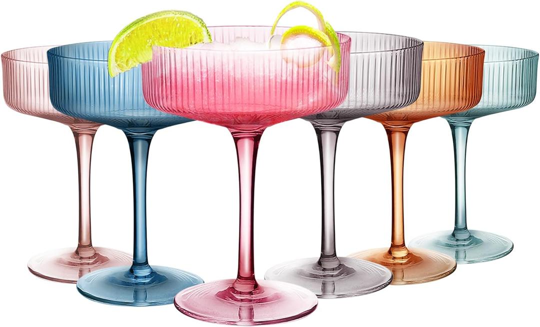 Ribbed Coupe Glasses 10 oz,Multi Color Coupe Glasses, Cocktail Glass 6Pcs, Vintage Martini Glasses, Ideal for Cocktail, Champagne
