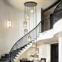 OKELI Modern Long Crystal Chandeliers for High Ceilings, 8-Light Long Black Crystal Pendant Light, Large Round Chandelier High Ceiling Mount for Entryway, Staircase, Foyer