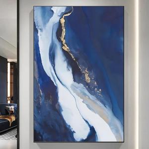 Blue White Abstract Wall Art Print Gold Painting Navy Canvas Artwork Pictures 16x24in No Frame (LjinPie)