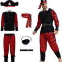 6Pcs Mens Pirate Costume Adult Set, Pirate Outfit Men with Shirt Pants Hat for Halloween Cosplay Party (Small, Black)