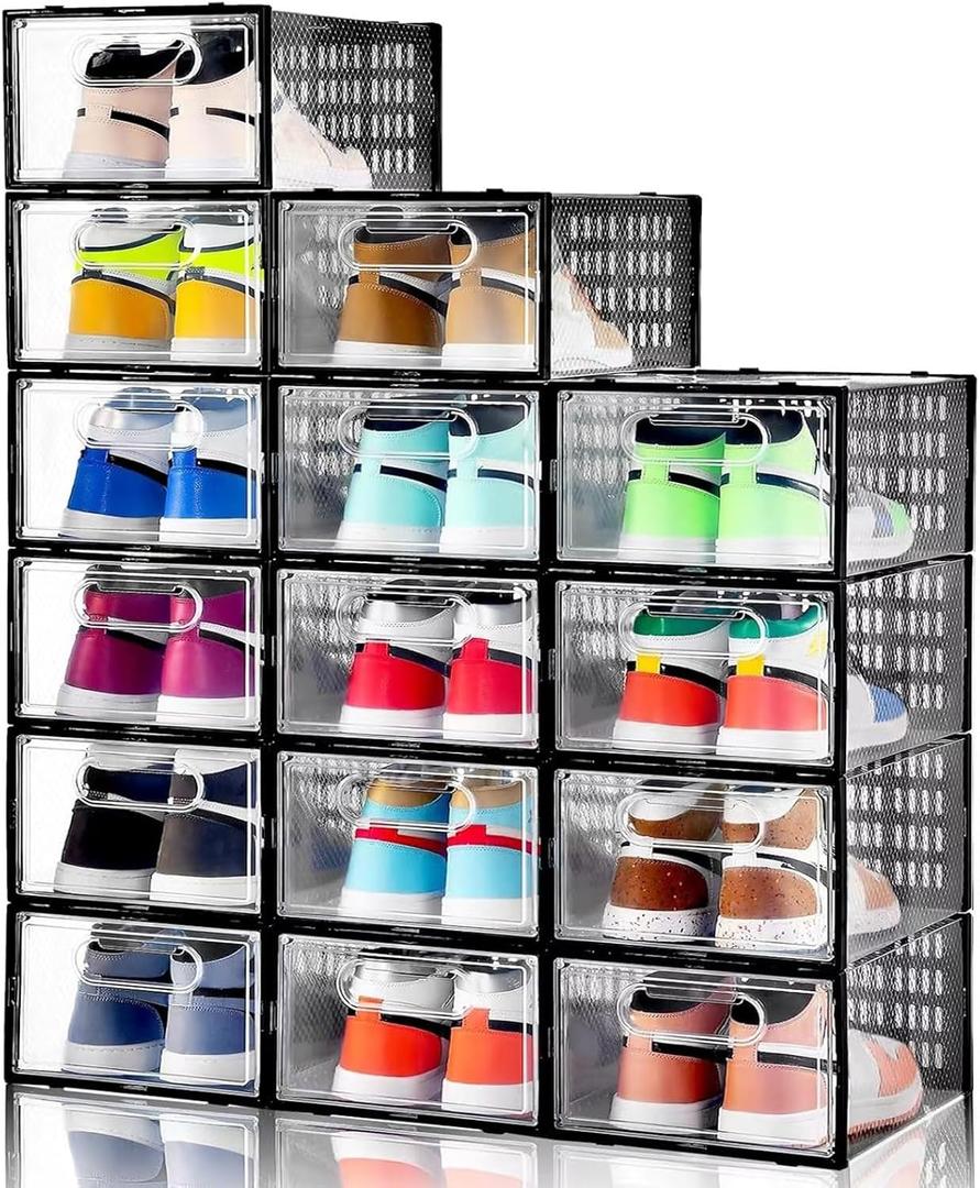 Clemate 15 Pack Shoe Storage Boxes, Clear Plastic Stackable Shoe Organizer for Closet, Shoe Box with Magnetic Door, Foldable Shoe Storage Bin, Sneaker Storage Box Shoe Rack Container Holder, Size 11