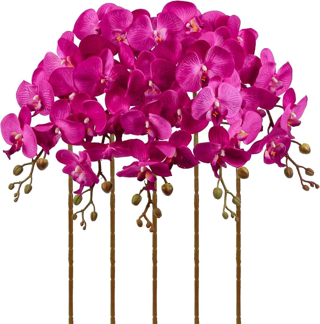 Hot Pink Artificial Orchids Flowers 5PCS Faux Orchid Stems 35.4" Phalaenopsis Branches for Tall Vase for Bridal Shower Home Party Wedding Decoration (Hot Pink)