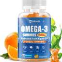 Vegan Omega-3 Gummies 1000mg from Algae Oil (DHA 460mg & EPA 230mg), Omega 3 Fish Oil Alternative for Adults, Plus Turmeric & CoQ10 for Brain, Eye & Immune Health, No Fishy Taste, Sugar Free, 60 Cts,Exp Date: 01/27/2028