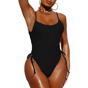 Pink Queen Womens One Piece Swimsuit Ruched High Cut Tummy Control Bathing Suit (Medium, Black)
