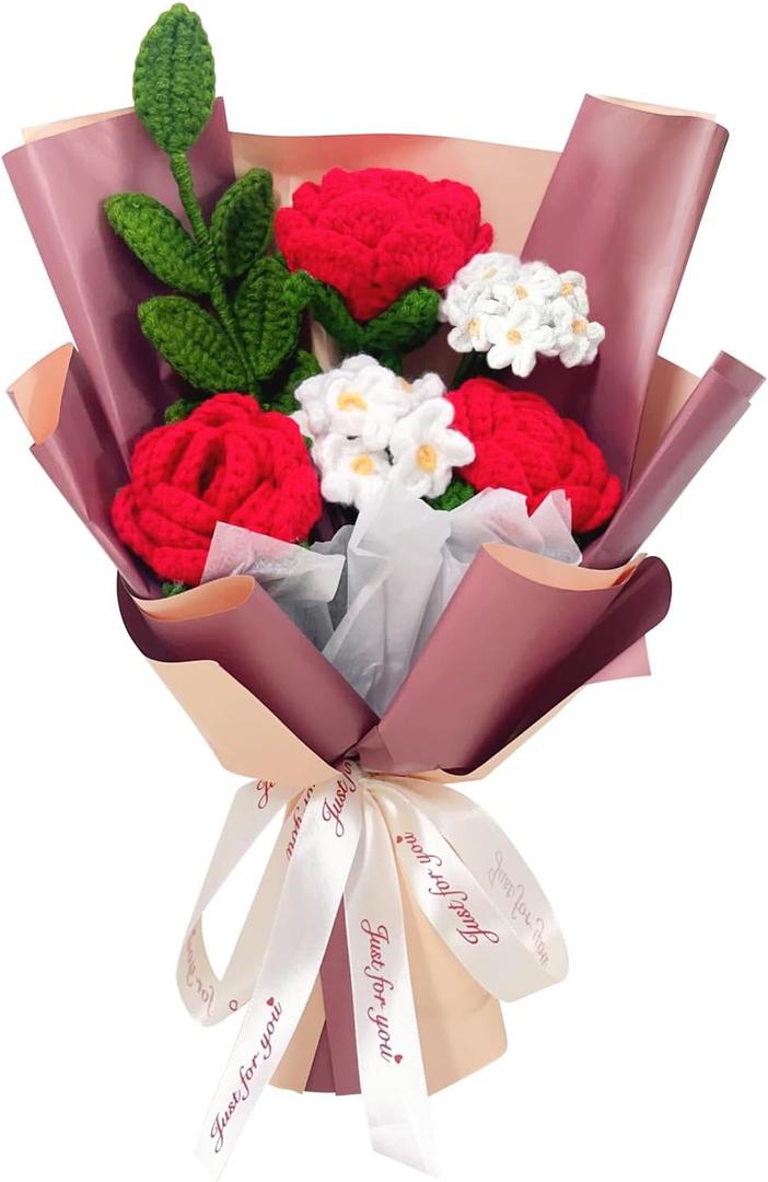 Crochet Rose Flower Bouquet, Red Rose Forget Me Not Knitted Artificial Flowers, Handmade Finished Crochet Bouquet, Gift for Mother Wife Women
