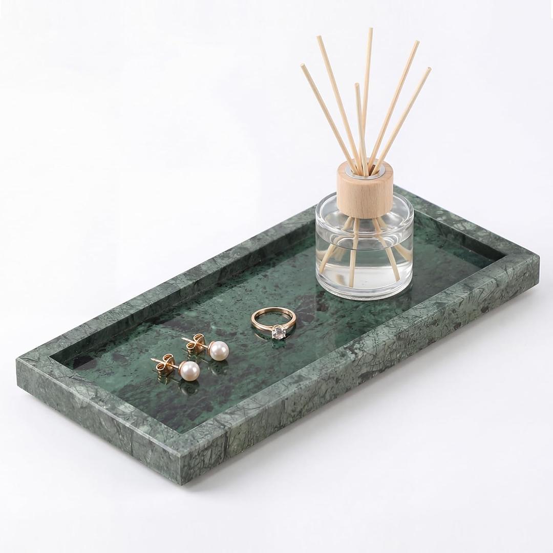 Green Marble Bathroom Vanity Tray, 10" x 5" Small Natural Stone Organizer for Toilet Tank Top, Kitchen Sink & Perfume, Real Polished Non-Slip Catchall, Dark Green
