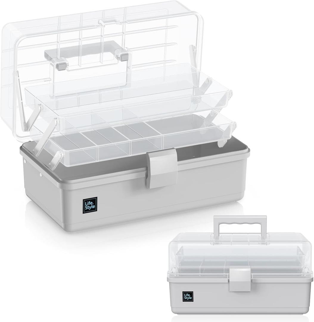 ARJudy 13in 3-Layer Adjustable Craft Organizer with Dividers - Portable Multipurpose Storage Box for Art Supplies, Sewing Kits, Medicine, and Home Utility, Foldable Clear Plastic Design with Handles (Grey)