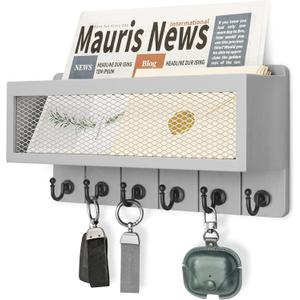 Rebee Vision Modern Key Holder for Wall with Mail Organizer: Stylish Mesh Storage Basket with 6 Sturdy Hooks - Farmhouse Wall Decor for Apartment, Entryway, Hallway, Office (Gray)