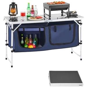 VEVOR Camping Kitchen Table, Folding Outdoor Cooking Table, 3 Adjustable Height, Aluminum Lightweight Portable Cook Station with Storage Organizer, Carry Handle, for BBQ Party Picnic RV Travel, Blue
