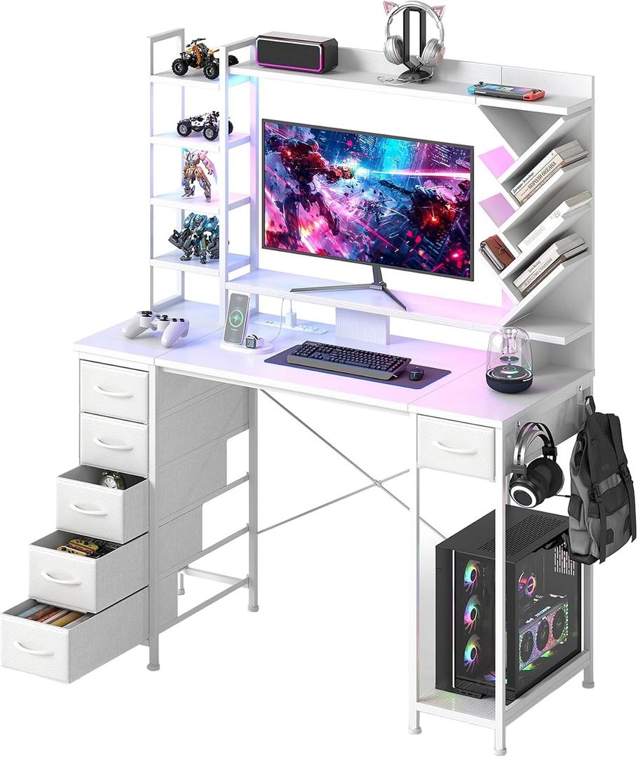 YOSHOOT 47.24" Gaming Computer Desk with Hutch, 6 Drawers, White, 18.9"D x 47.24"W x 62.2"H