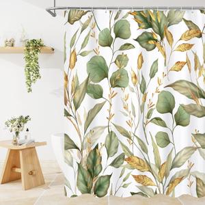 Green Gold Plant Shower Curtain, Botanical Leaves on White Background Natural Curtain Set for Aesthetic Bathroom Waterproof Odorless Fabric 72x72 inches, Hooks Included