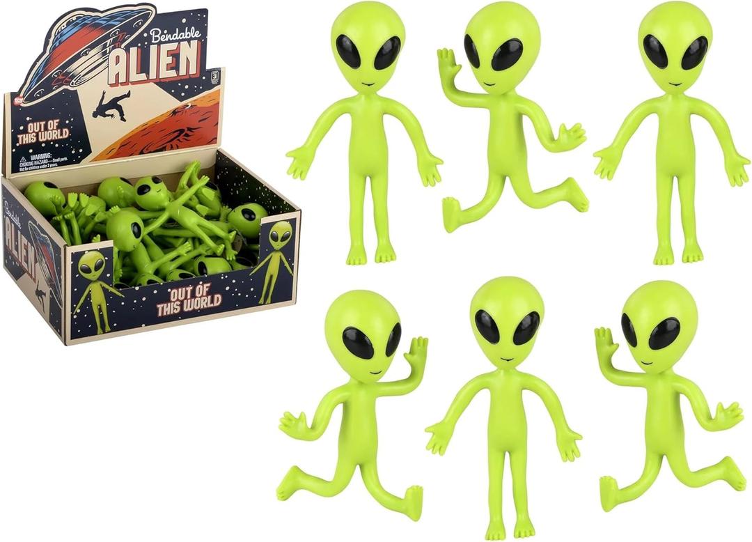 Bendable Rubber Neon Green Aliens - 12 Pack. (4") Action Figures Bendable UFO Aliens Limbs Sensory Stress Relief Fidget Toys. Great Party Favor Trick or Treat Supplies (Neon Green Aliens, 12, Pack)