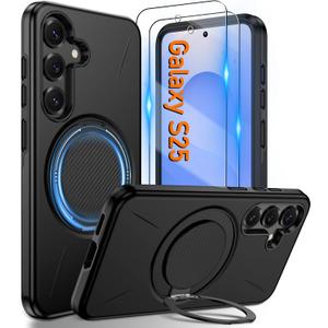 Gritup for Samsung Galaxy S25 Case [Compatible with MagSafe Accessories]:2 Pcs HD Screen Protectors,Built-in Kickstand,Dual Layer Shockproof,Camera Guard,Velvet Touch,S25-Black