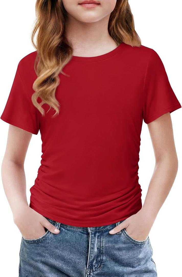 Arshiner Girls Shirts Side Ruched Short Sleeve Crewneck Fitted Tops Casual Summer Soft Tee Clothes 5-12 Years (Red)