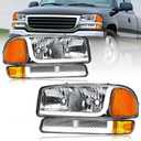LED DRL Headlights Assembly fit 1999-2007 GMC Sierra/2000-2006 Yukon XL 1500 2500 No Denali Models Chrome Housing Amber Reflector LH RH Replacements