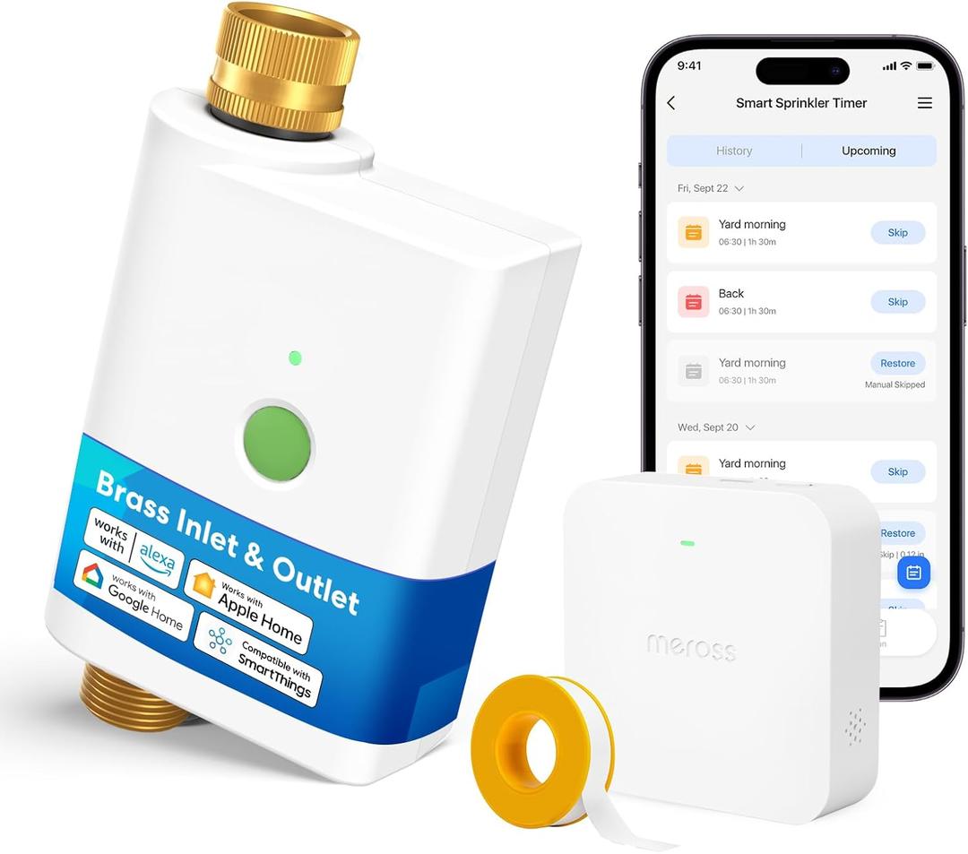 meross WiFi Water Timer for Garden Hose, Smart Hose Timer with Brass Inlet & Outet, WiFi Sprinkler Valve Work with Apple Homekit, Alexa & Google Assistant, Smart Rain Skip for Lawn, Garden & Yard