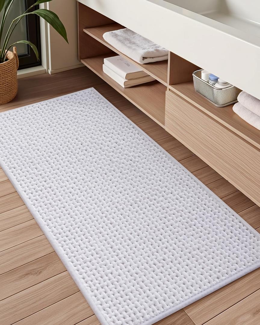 Color&Geometry Chenille Pile Long Bathroom Runner Rugs Upgraded Denser, 24"x47" Non Slip Absorbent White Bath Mats for Bathroom, Washable Shower Mat Outside Shower Quick Dry