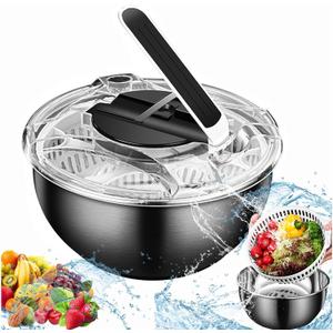 Stainless Steel Salad Spinner, 3.5L_Press Type Lettuce Washer Dryer Vegetable Dehydrator, Multifunctional Vegetable Spinner Fruit Drainer with Secure Lid Button for Cleaning&Drying&Storing