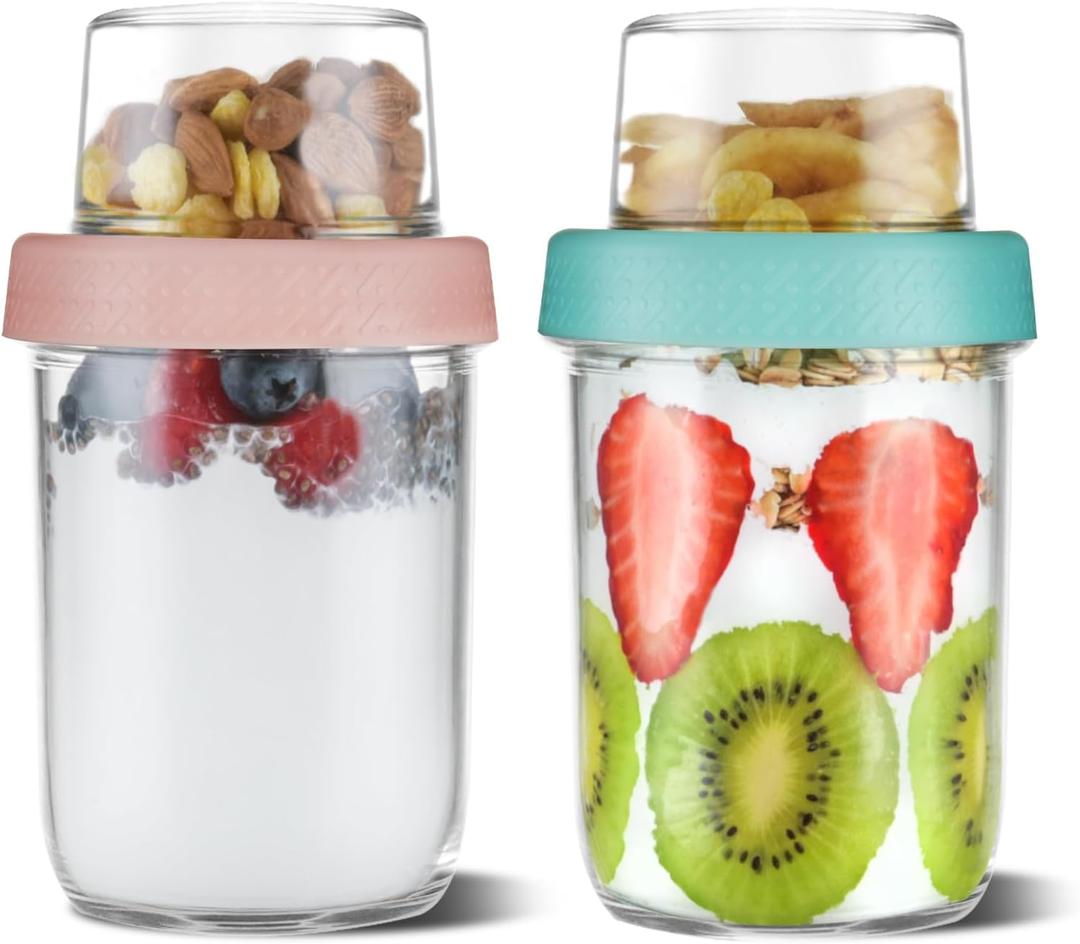 4oz 16 oz Glass Overnight Oats Containers with Lids 2Pack, Yogurt Parfait Cups with Dry and Wet Separation, Breakfast Prep Bowl for Cereal Nut Fruit Meal, To Take Along Oatmeal Salad Smoothie Snack (PINK*1/GREEN*1)