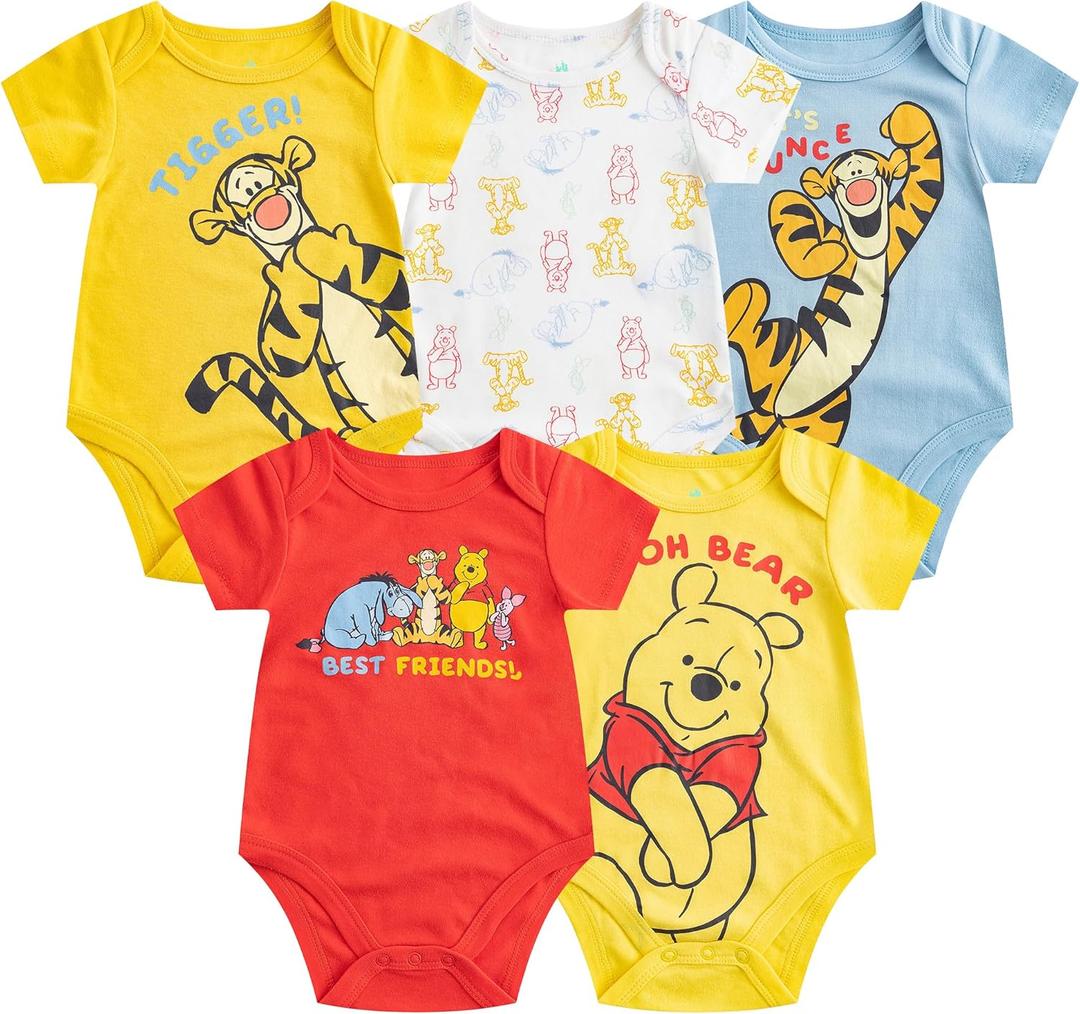Disney Mickey Mouse, Lion King, and Winnie the Pooh Baby Boys 5 Pack Bodysuits for Newborn and Infants (3-6 Months)