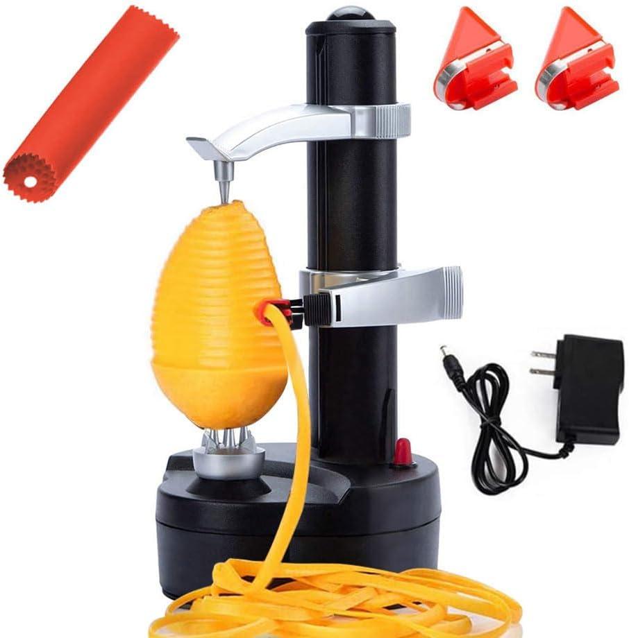 Electric Potato Peeler Automatic Apple Peeler, Smart Vegetable Fruit Peeler Machine, Stainless Steel Kitchen Peeling Tool [1 Adapter 2 Extra Blades] with Garlic Peeler (Black)