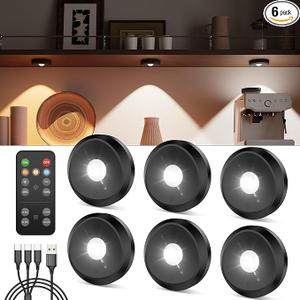 Rechargeable Puck Lights with Remote, Black 2400mAh Battery Touch Light, Magnetic Tap Light Wireless LED Under Cabinet Lighting Mini Push Button Lamp, Sitck On Lights for Kitchen, Closet, Book Shelf