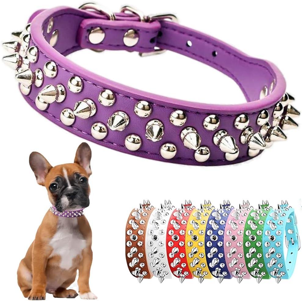 Purple Spiked Chew Proof Spike Collar for Dogs & Cats - PU Leather Rivet Studded Collars for Small Dogs - Adjustable for XXS, XS, Small, Medium Pets - Chihuahua, Pug, Pitbull, French Bulldog (Small (Neck 10.6"-13"))