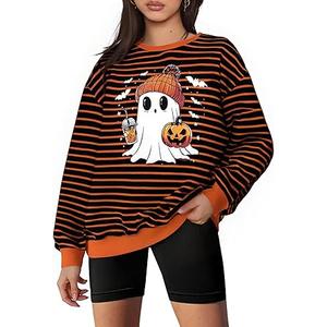 MYHALF Halloween Sweatshirts for Women Ghost Pumpkin Sweater Cute Spooky Coffee Graphic Pullover Shirts L