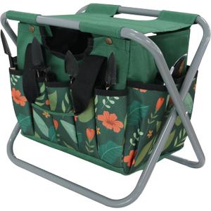 Folding Gardening Stool with Detachable Storage Tote Bag, Multifunctional Gardening Tools Set Organizer for Fishing and Camping,Portable Garden Chair Seat for Adults (Green Flower), 5x2x10 inches