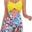 ZAFUL Women One Piece Swimdress Tummy Control Bathing Suit Push Up Swimsuit Modest Swimwear Cutout V Neck Cute Tie Knot Skirt (Large, Yellow Floral)