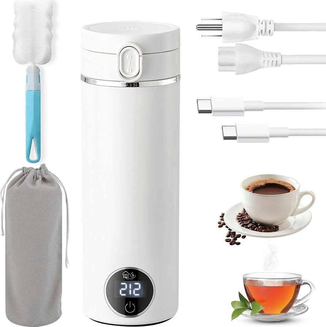 Portable Electric Travel Kettle, 500ml Portable Kettle with USB-C, Mini Travel Hot Water Boiler with Carry Handle & 6 Adjustable Temperature Settings, Dual Power Modes for Home Car Camping