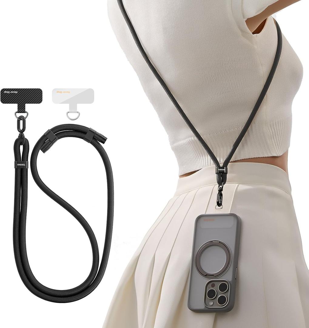 TORRAS Phone Lanyard Crossbody with 2 Phone Tabs, Adjustable Anti Theft Phone Strap for All Phones, Premium Metal Buckles, Skin-Friendly, Universal Cell Phone Neck lanyard for Travel Essentials, Black (1-black)