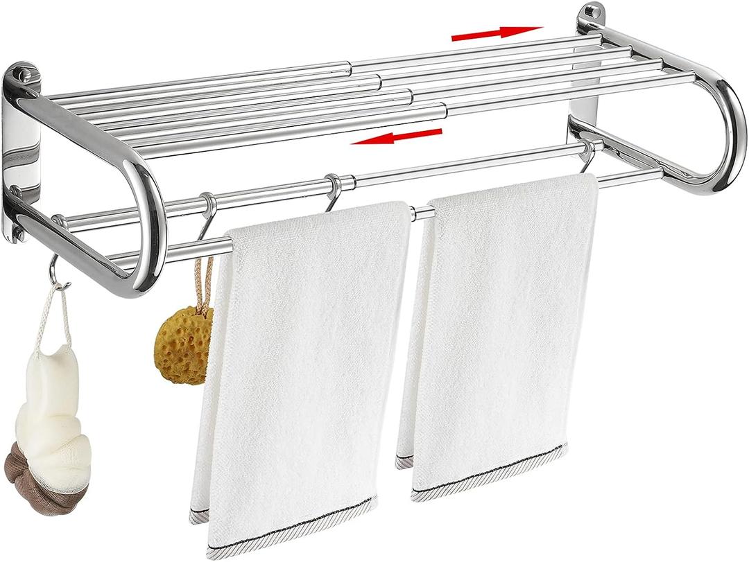 BESy Adjustable 15-25 Inch Towel Rack with Shelf for Bathroom and Lavatory Towel Shelf Double Towel Bar Rod 4 Hooks Wall Mount Multifunction Towel Holder Hotel Style Stainless Steel Polished Chrome