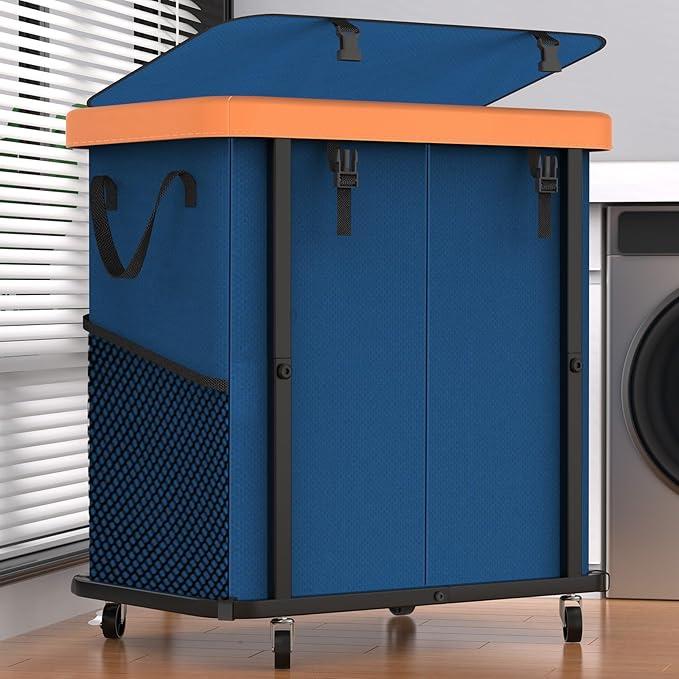 190L (50 Gal) Large Fashion Laundry Basket with Wheels, Leather Patchwork Rolling Hamper Carts, Sturdy Metal Frame, Removable Washable Bag, Tall Clothes Sorter for Bedroom, Laundry Room - Navy Blue