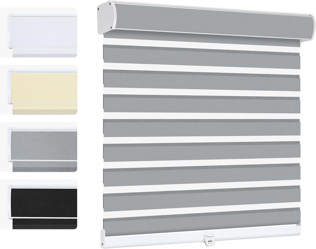 Cordless Zebra Blinds for Windows, Dual Layer Day Night Light Filtering Privacy Window Shades, Free-Stop Pull Down Roller Shades for Home, Office, Bedroom, Curved Valance(Jacquard-Gray, Custom Size)