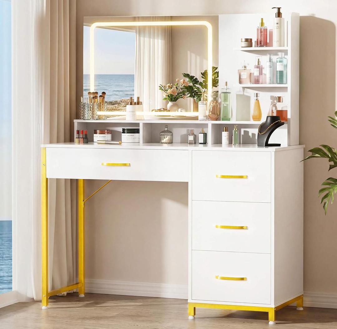 COMHOMA Vanity Desk with Mirror and Lights, Makeup Vanity Table with 4 Drawers & Storage Shelves, Large HD Mirror, 3 Color Modes & Adjustable Brightness, Modern Dressing Table for Bedroom, Pearl White