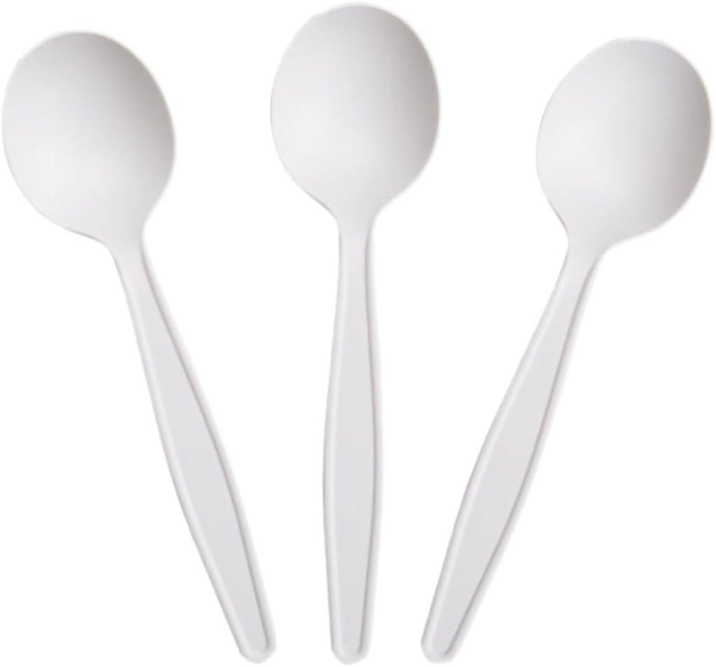Eco-Friendly 6" Disposable Soup Spoons - 50 Pack Heavy Duty Disposable Silverware, Extra-Length Cornstarch Serving Spoons for Hot Soup, Ice Cream, Chili, Parties (Ivory)