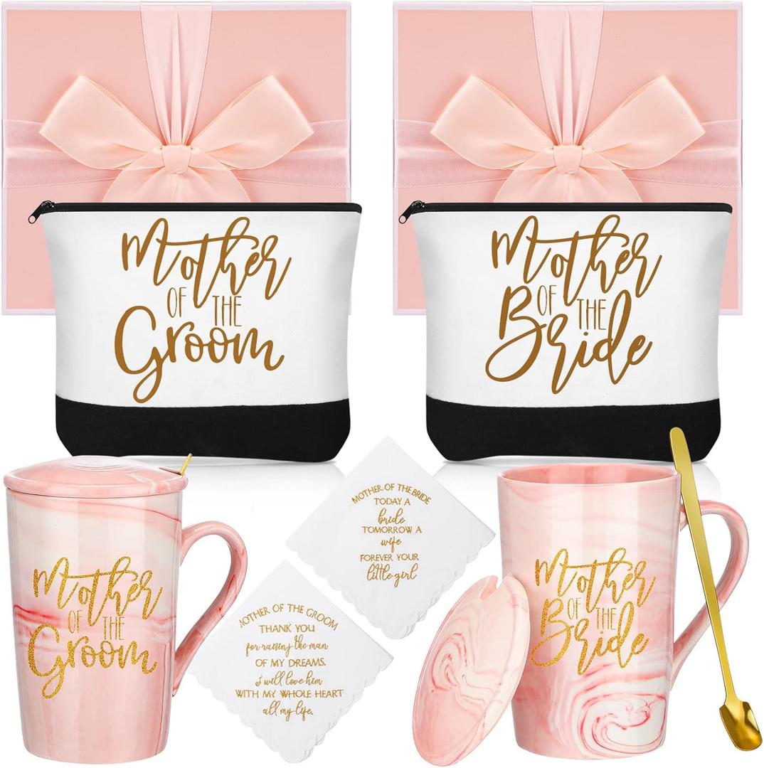 Geosar 8 Pcs Mother of The Bride Gifts Mother of the Groom Coffee Mug Makeup Bags Handkerchief Gift Box Wedding Gifts for Wedding Proposal Engagement