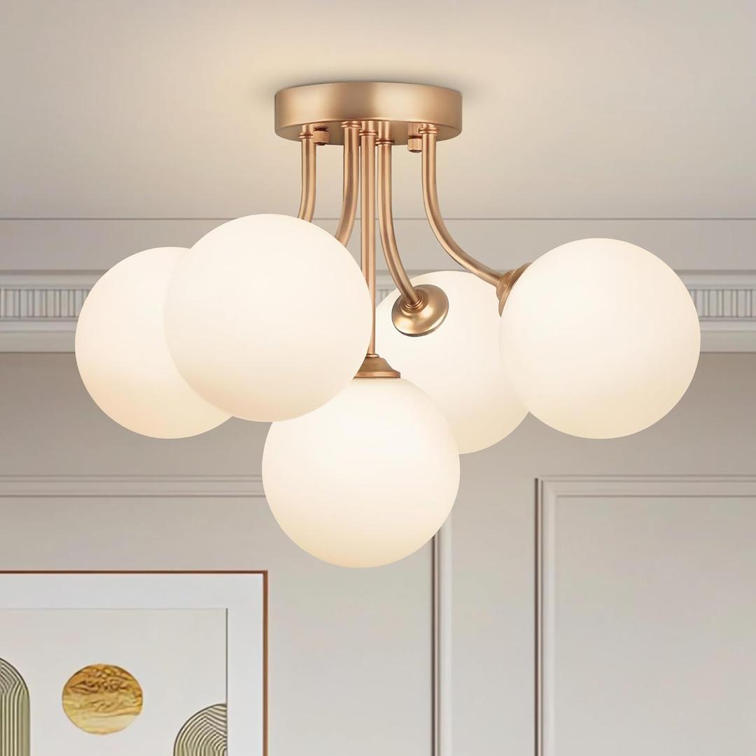 Bubble Glass Chandelier Sputnik Flush Mount Ceiling Light 5-Light Gold Flush Mount Ceiling Light Ball Milk Glass Sputnik Chandelier for Hallway Kithcen Dining Room Foyer Entrance Cloakroom Bathroom, 15.35inch