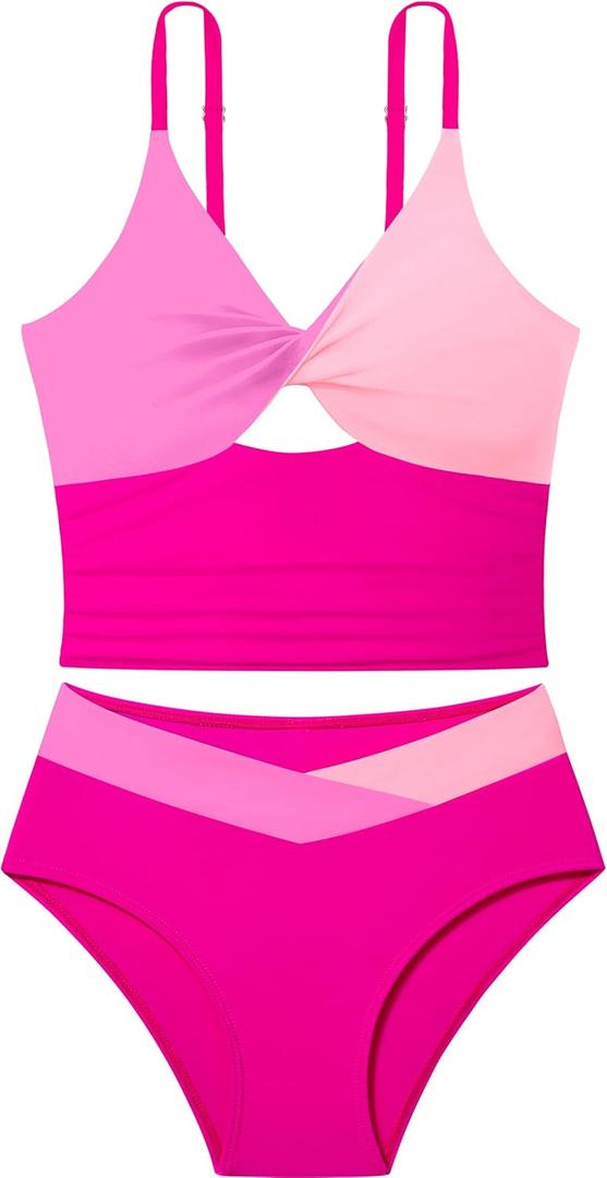 Girls Swimsuit Color Block Girls Bathing Suit Twist Tankini Set Two Piece Girl Swimwear Bikini Set for 9-16 Years (17-18 Years, Pink)