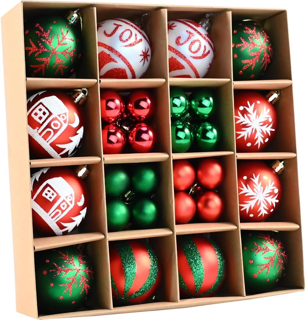 White Green Red Christmas Balls Ornaments - 44PCS Plastic Christmas Tree Ornaments Balls Shatterproof, 2026 White Green and Red Hanging Decoration for Christmas